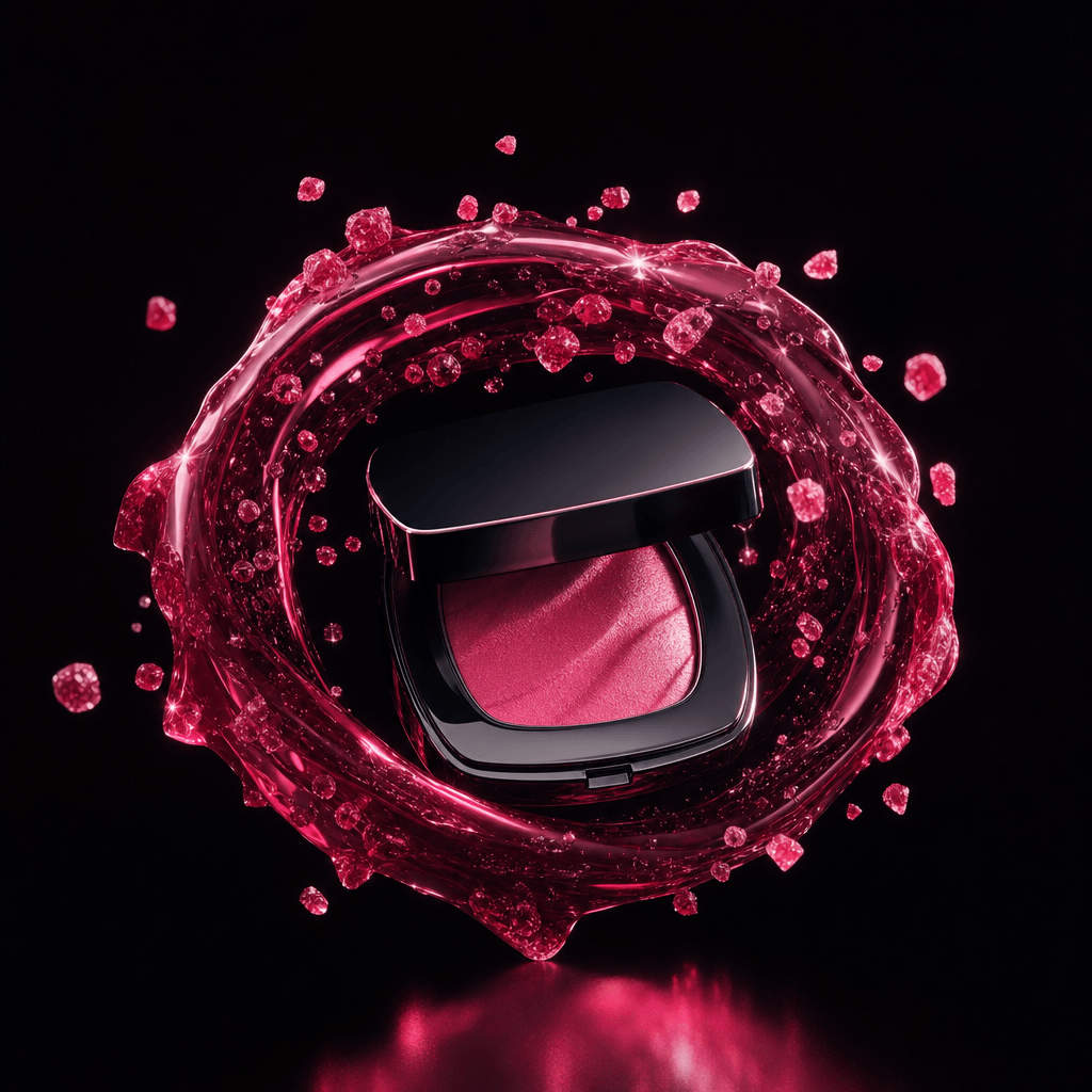 A compact cosmetic case resting in a surreal ring of translucent raspberry glaze, tiny sugar crystals suspended around i
