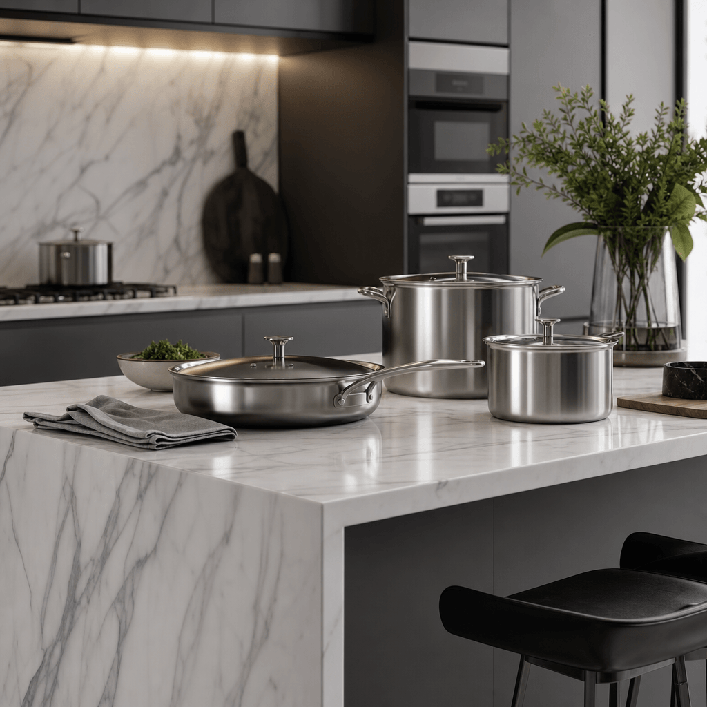 Modern marble kitchen island with premium stainless steel cookware. Soft diffused studio lighting creating cool-neutral 