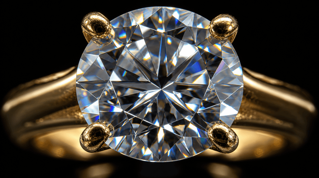 Ultra-macro shot of a round brilliant diamond ring with every internal reflection, caustic light pattern, and specular h