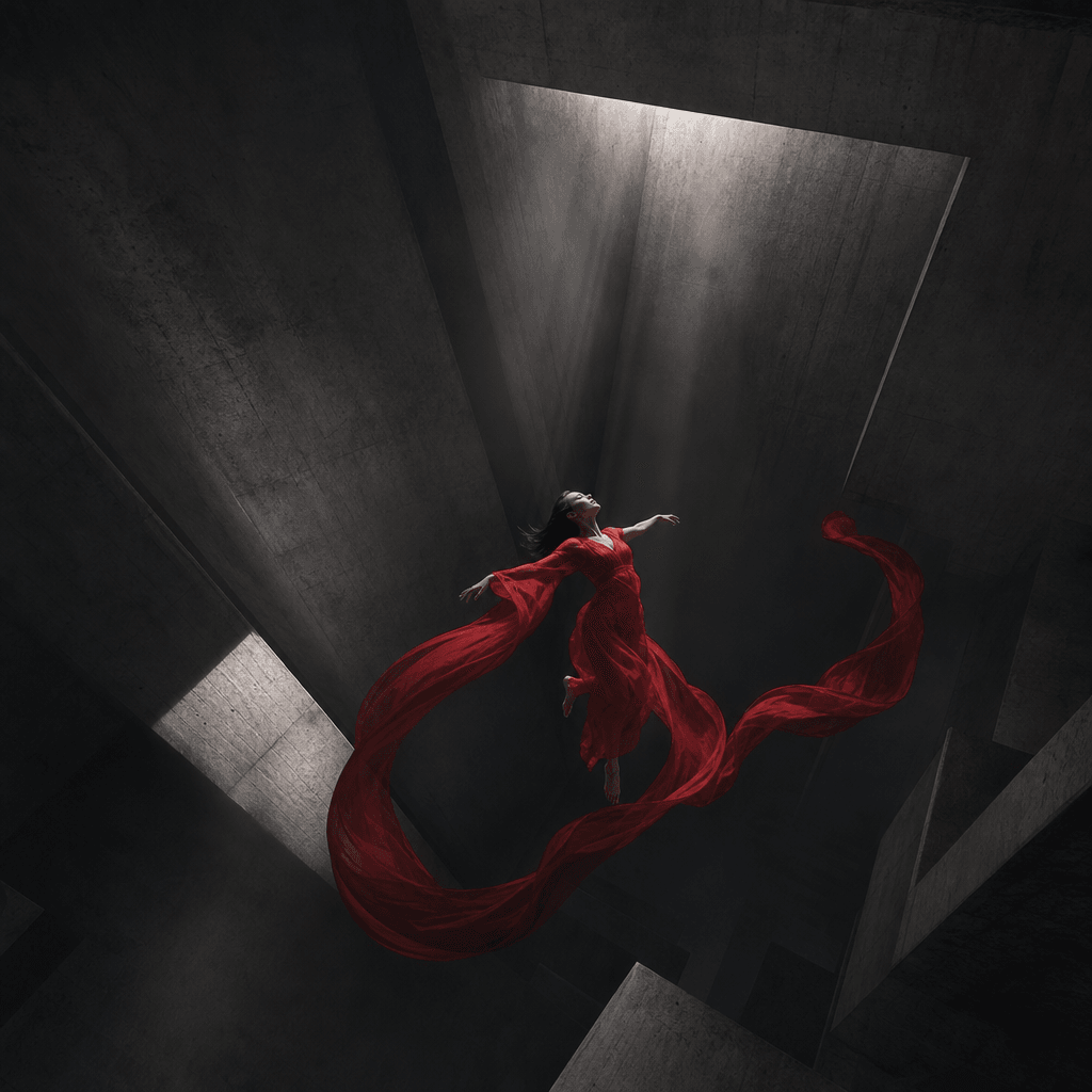 An elegant figure in flowing red fabric drifting above a monumental brutalist interior, viewed from high overhead, fabri