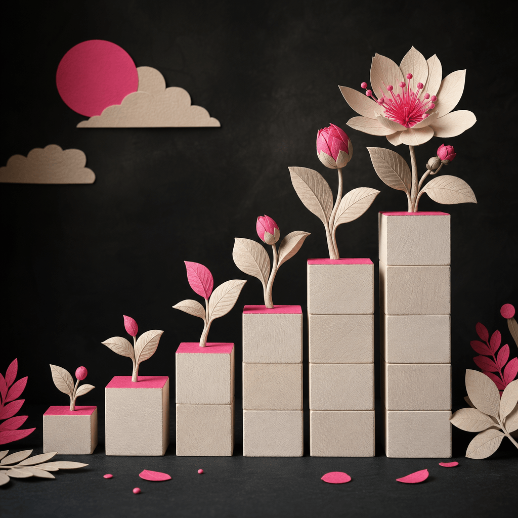 A square playful analogy comparing plant growth with a child-sized staircase of progressively larger building blocks, ea