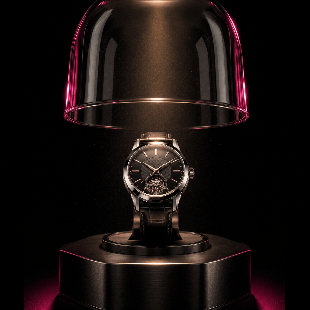 A premium wristwatch on a dark brushed-metal stand as a transparent cloche lifts above it, precise reflections across th