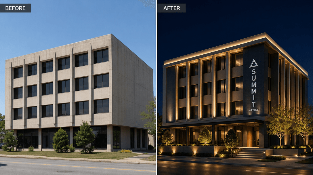 Split-screen architectural visualization showing before daytime photo and after illuminated night render, building trans