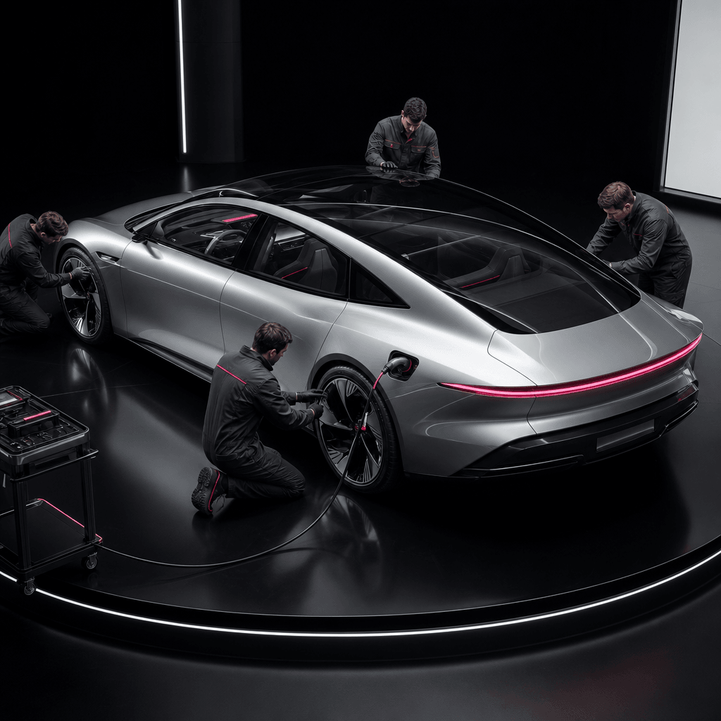 A silver electric concept car on a pristine black studio platform as tiny technicians examine its wheels, glass roof, ch