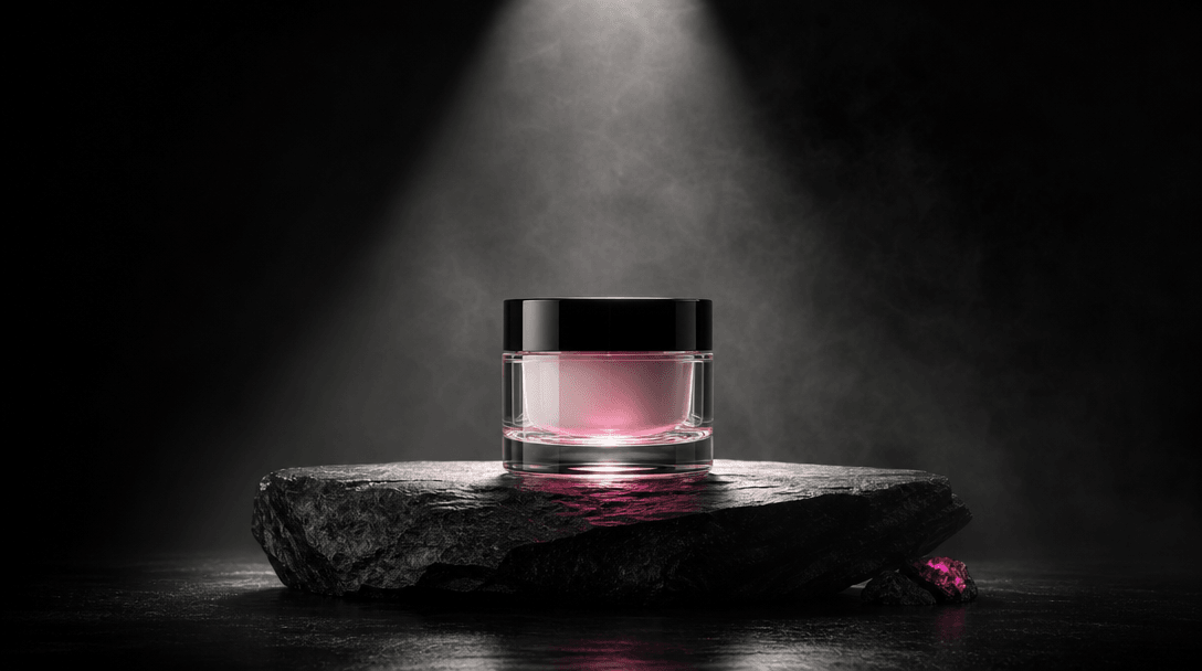 A minimalist product film set distilled into three elements: a black stone platform, a clear glass jar, and a focused co