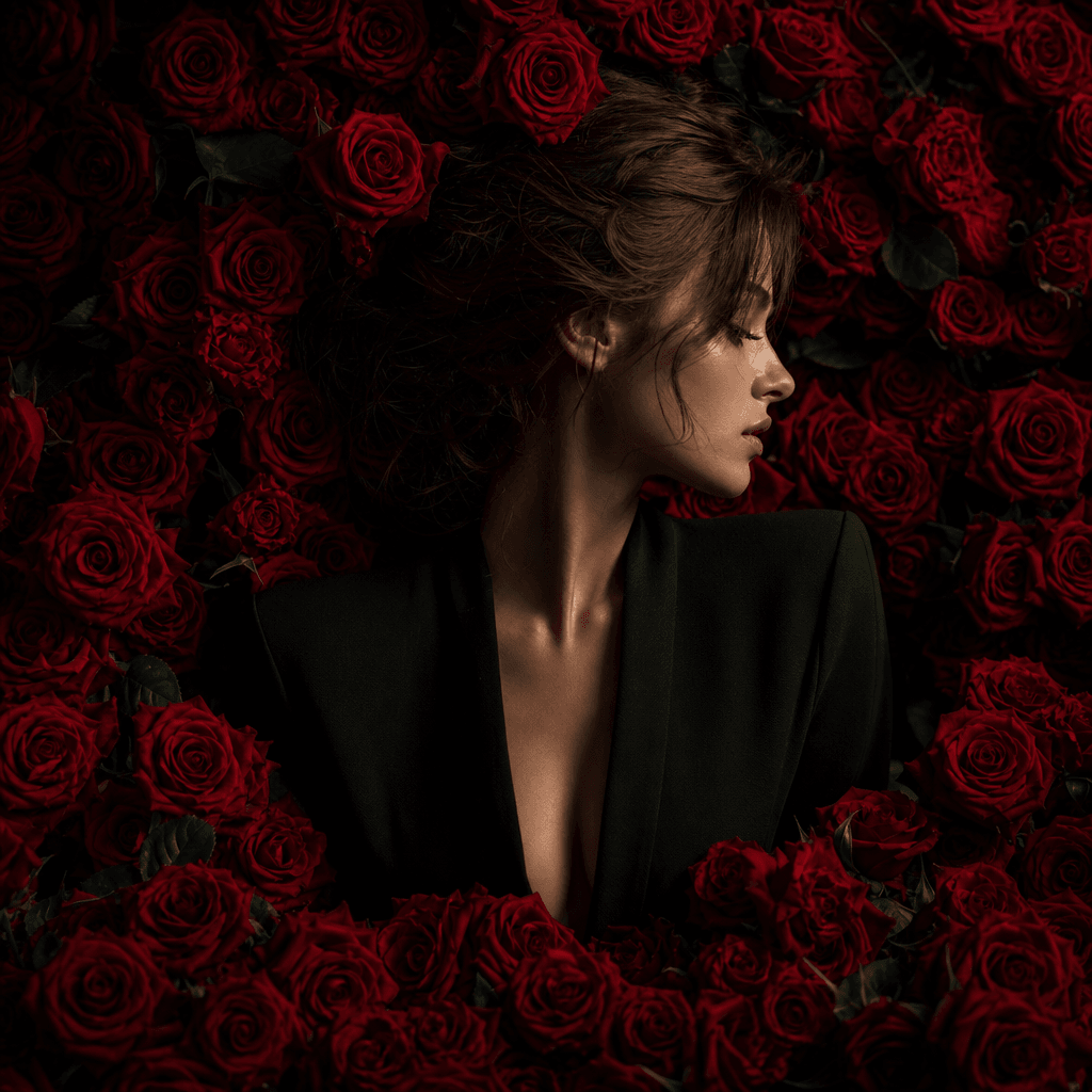 Anonymous woman in a black structured outfit framed by hundreds of crimson roses, cinematic side light, deep shadows, re