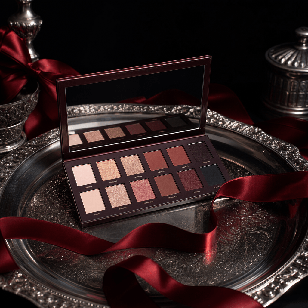 Makeup palette on silver platter with red ribbons, professional product photography, dark moody background, metallic hig