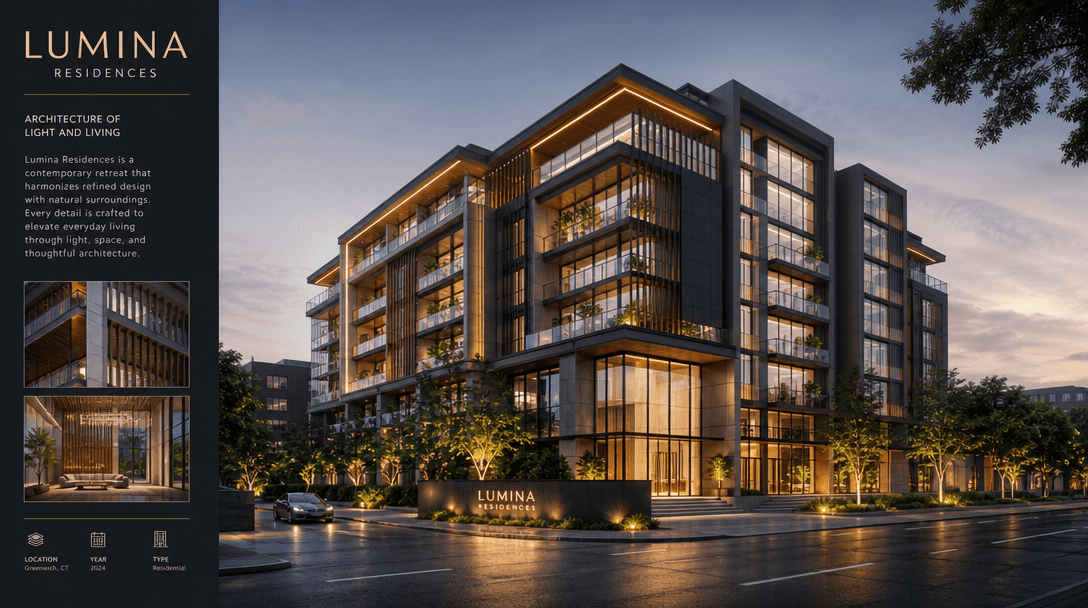 Professional architectural portfolio presentation showing illuminated building render, publication-quality image suitabl