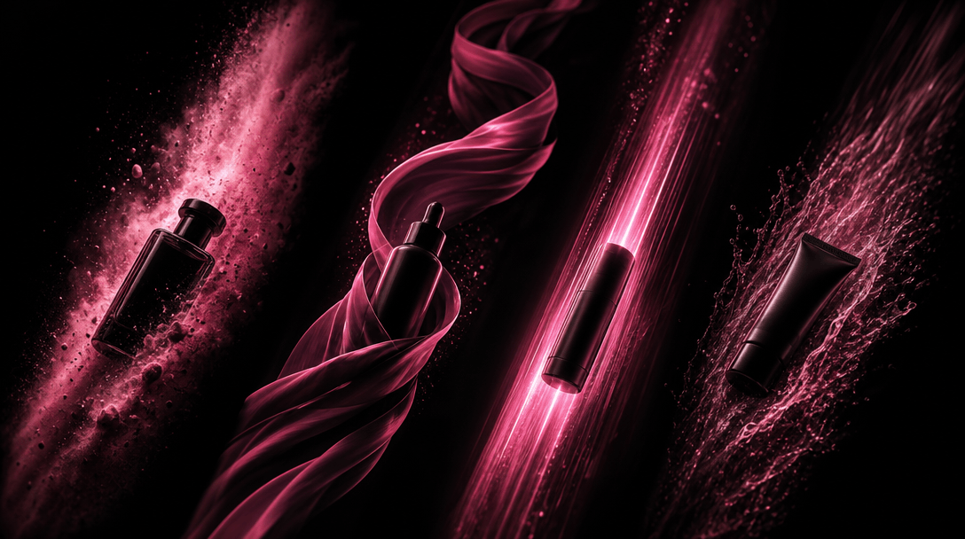 Four distinct product silhouettes moving through parallel trails of dramatic light, dust, ribbon, and motion blur, sugge