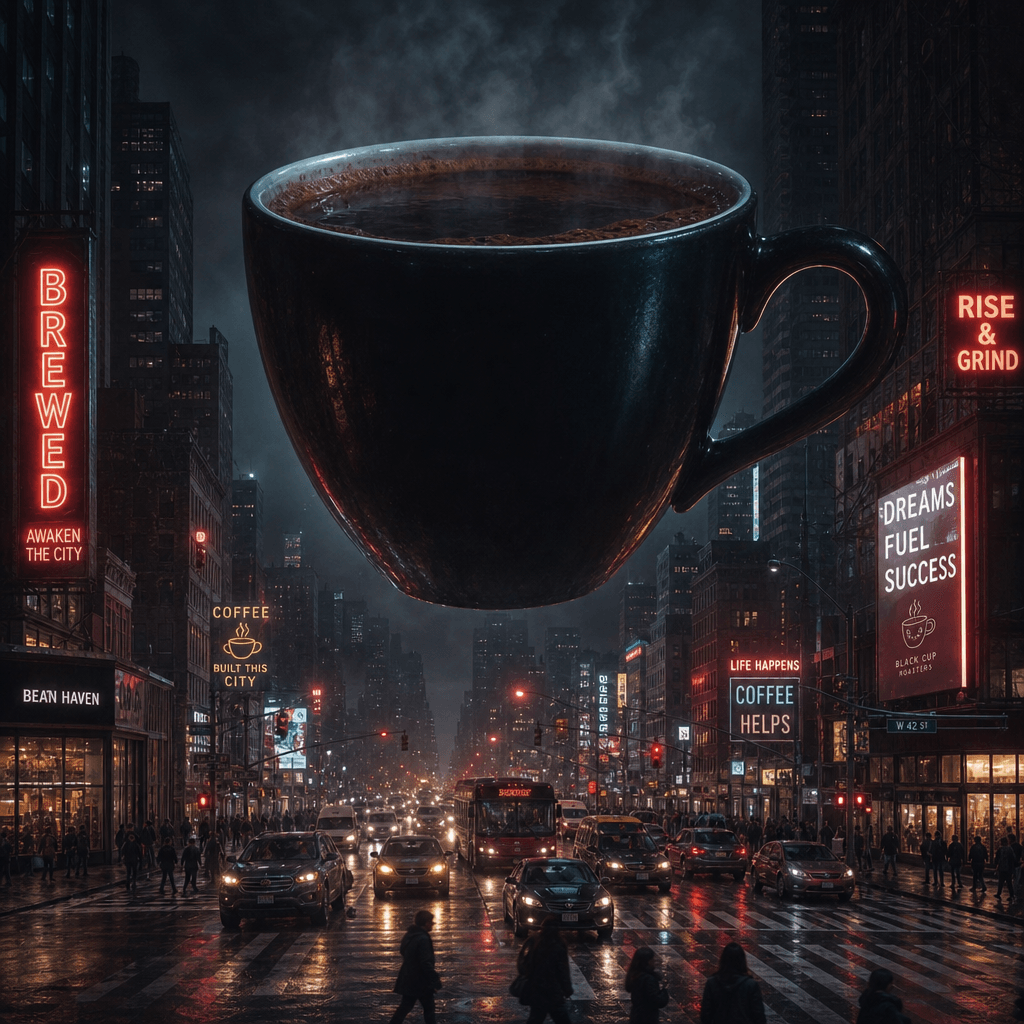 Massive coffee cup levitating over urban street intersection with heavy traffic, dark atmospheric lighting with neon sig