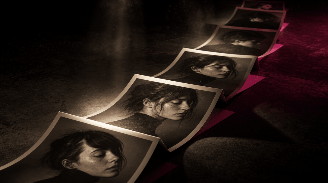 Multiple printed portrait frames unfolding into a continuous visual path across a dark studio floor, each paper frame ca