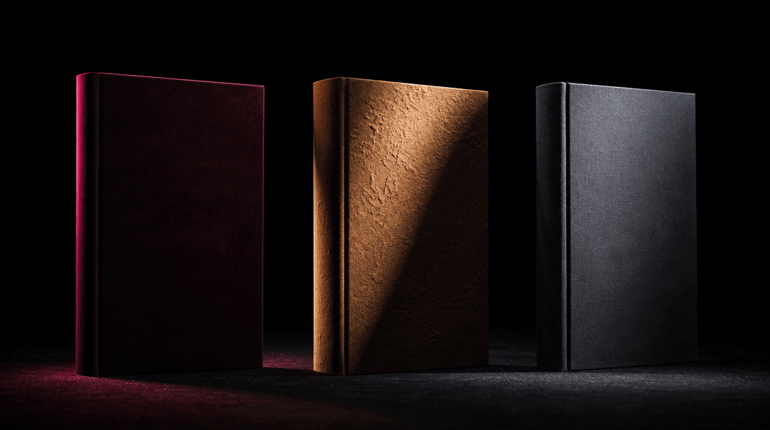 Three upright blank book jackets arranged as a deliberate triptych on a matte black studio floor, each illuminated by a 