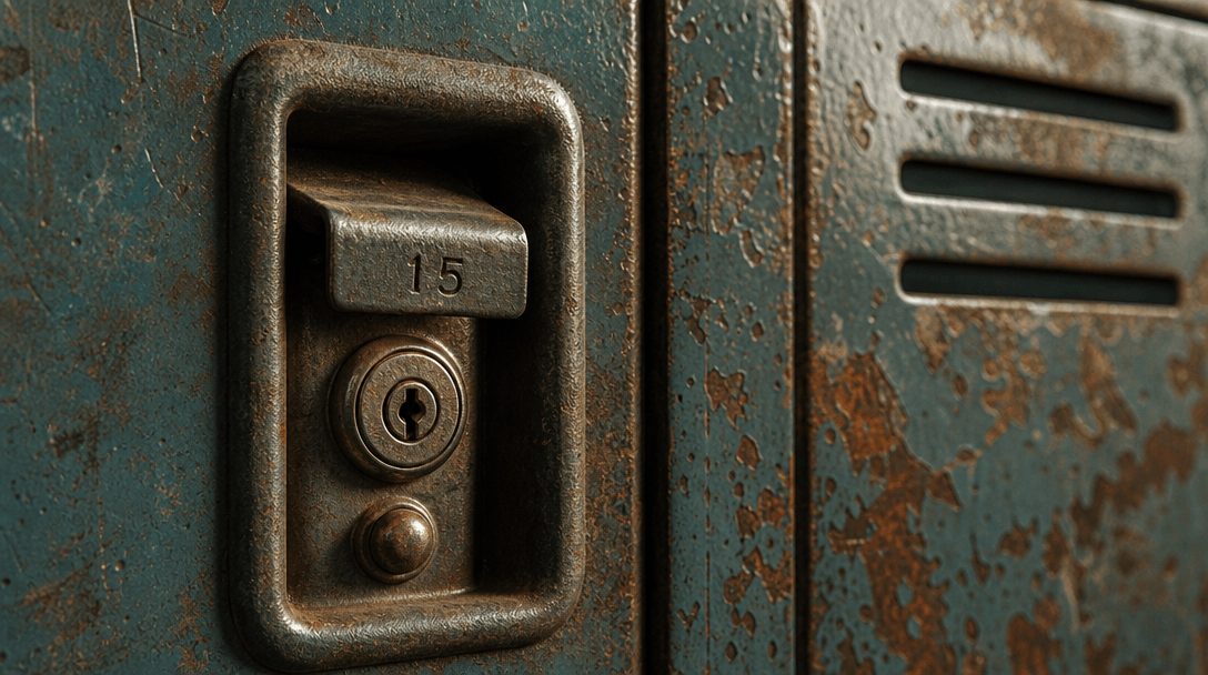 Extreme close-up macro photography of metallic locker texture with weathered paint, realistic surface detail, dramatic r