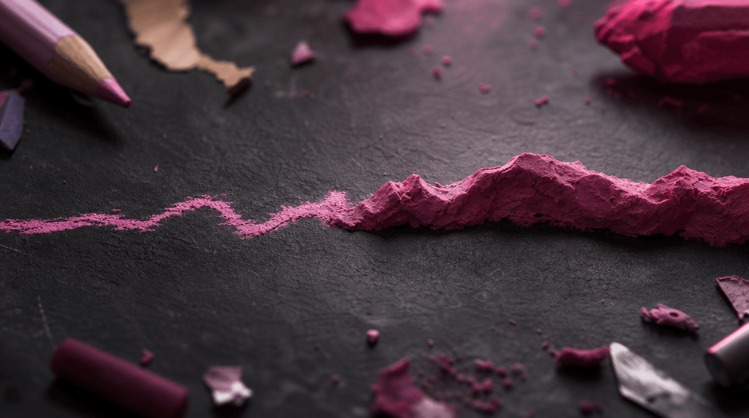 A close cinematic still life showing a rough crayon line transitioning into a dimensional clay ridge while preserving ev