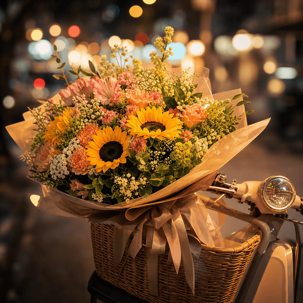 A cheerful birthday bouquet with sunflowers and colorful seasonal blooms in a woven scooter basket, evening city lights 