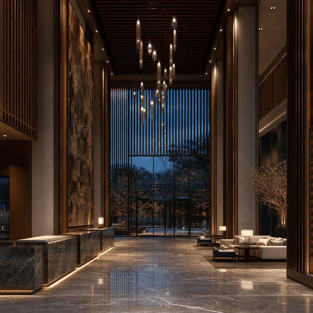 Photorealistic luxury hotel lobby at dusk, dramatic ceiling height, marble floor with subtle reflections, warm pendant l