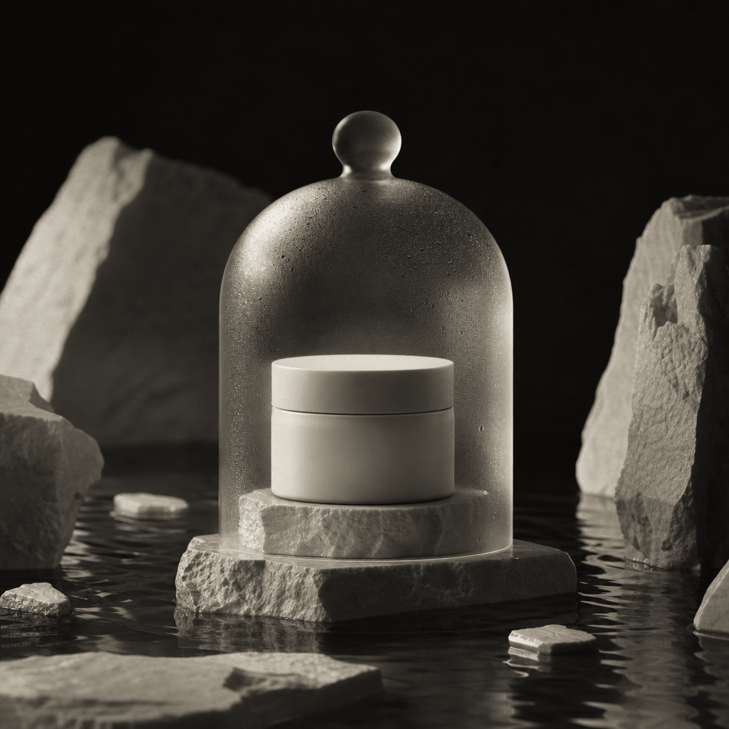 A minimalist skincare jar under a frosted glass cloche surrounded by pale stone fragments and a thin pool of water, cine