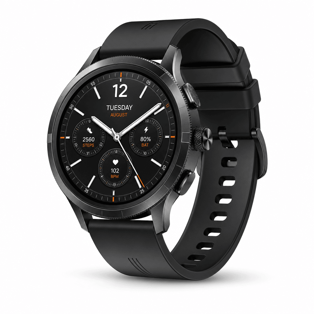 Professional smartwatch on pure white background, studio spotlight creating subtle shadow, luxury product photography, c