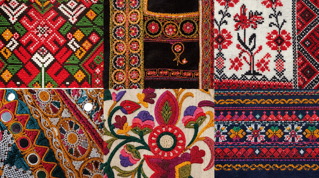 Close-up of traditional folk embroidery patterns, authentic textile designs and stitching details, rich cultural colors 