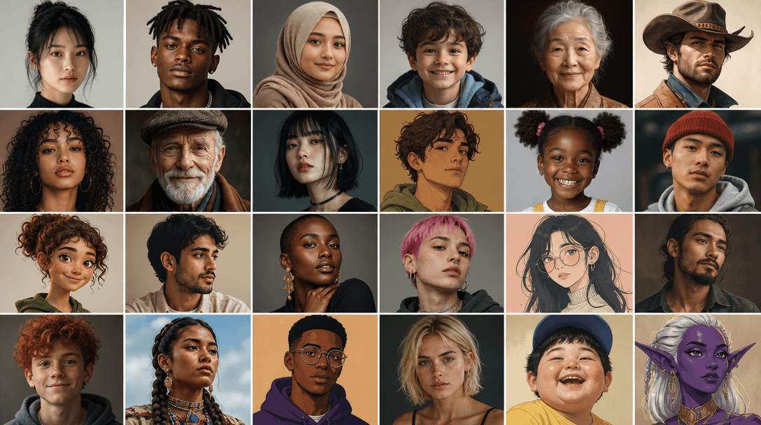 Array of different character variations, different ages ethnicities and styles, grid-like arrangement showing diversity,