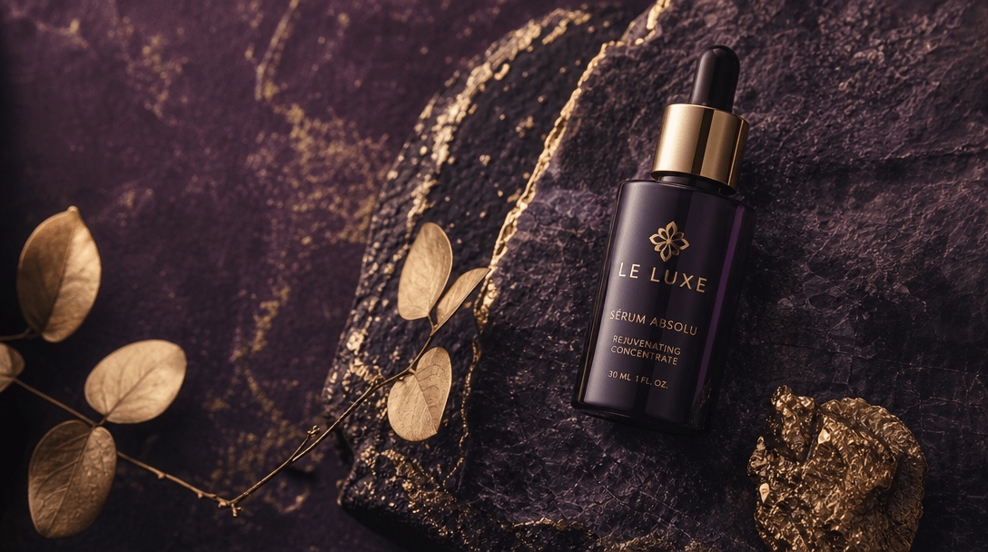 Textured background with beauty product integrated naturally. Sophisticated color palette—deep jewel tones, metallics, s