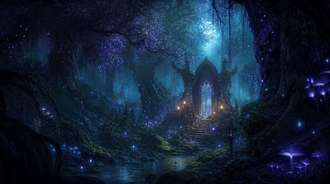 Enchanted forest environment with magical lighting, mystical particles floating, dark fantasy color palette, atmospheric