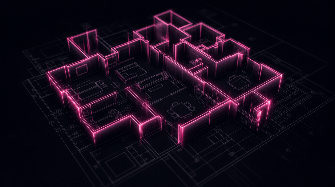 Abstract dark editorial scene of a 2D architectural floor plan blueprint with geometric room lines lifting and extruding