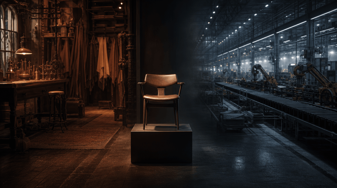 One finished object positioned between two connected worlds: a warm handcrafted workshop of wood, cloth, and brass on on