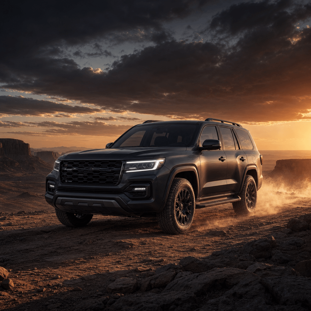 A rugged charcoal SUV on a wind-carved desert plateau at dusk, premium automotive advertising poster, dramatic cloud lay