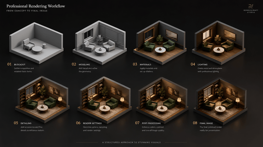 Professional rendering workflow concept: Smooth material surfaces reflecting studio light in isometric geometry. Metalli
