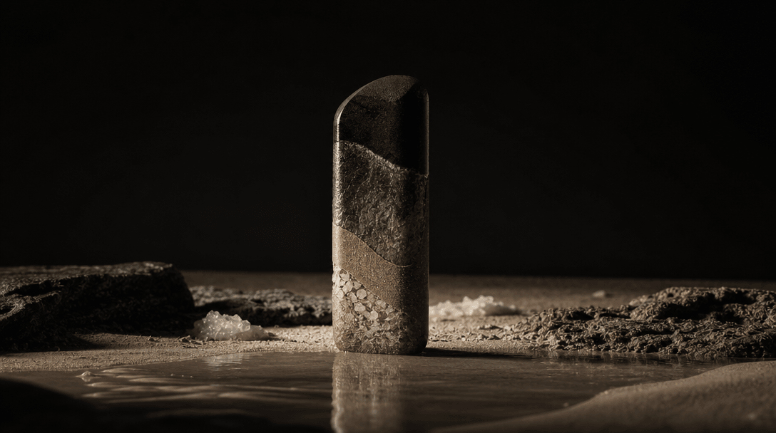 An abstract product-shaped monolith emerging from layered beach materials: fine sand, wet stone, salt crystals, and a th