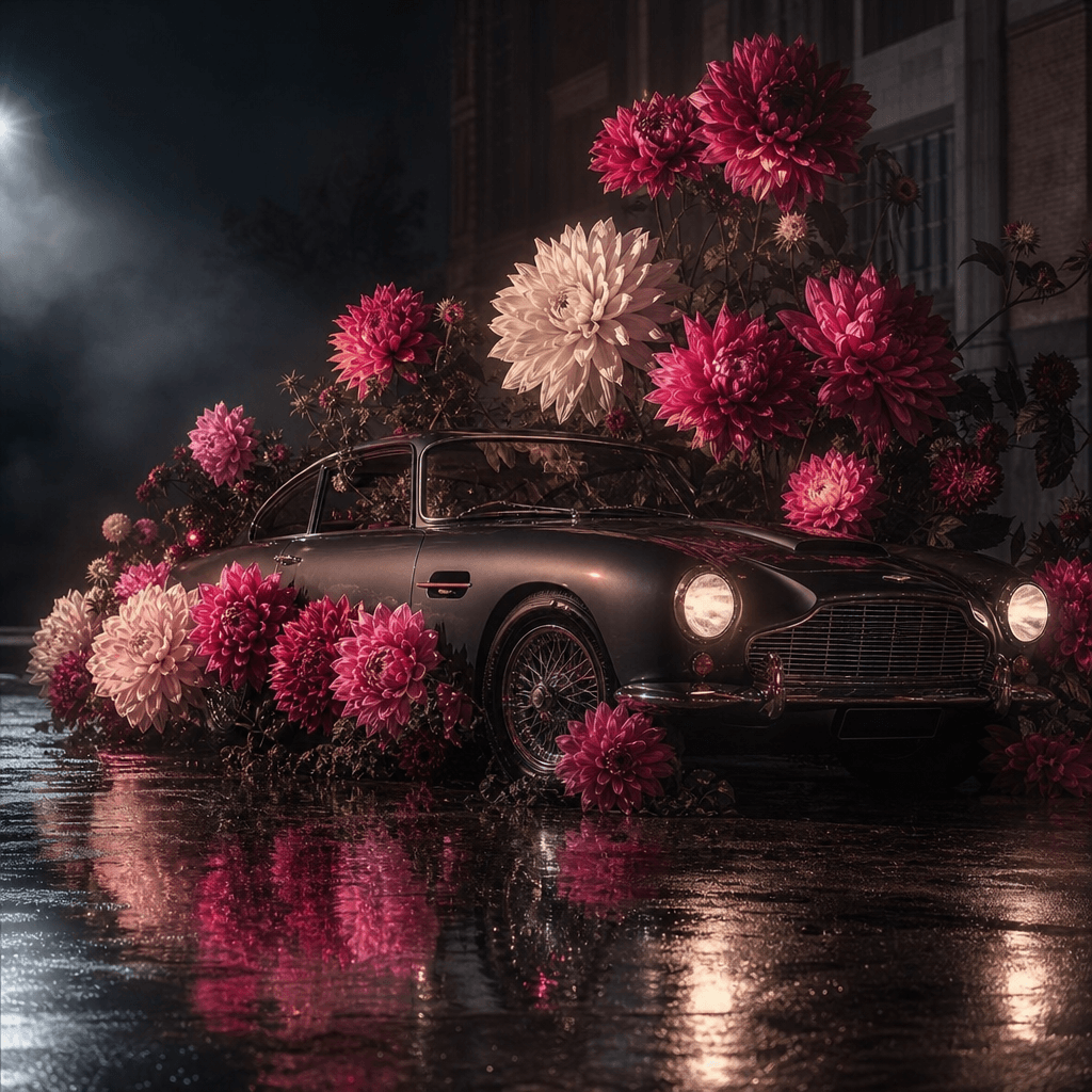 A vintage car parked on an empty nighttime street while enormous dahlias bloom around the wheels and rise above the roof