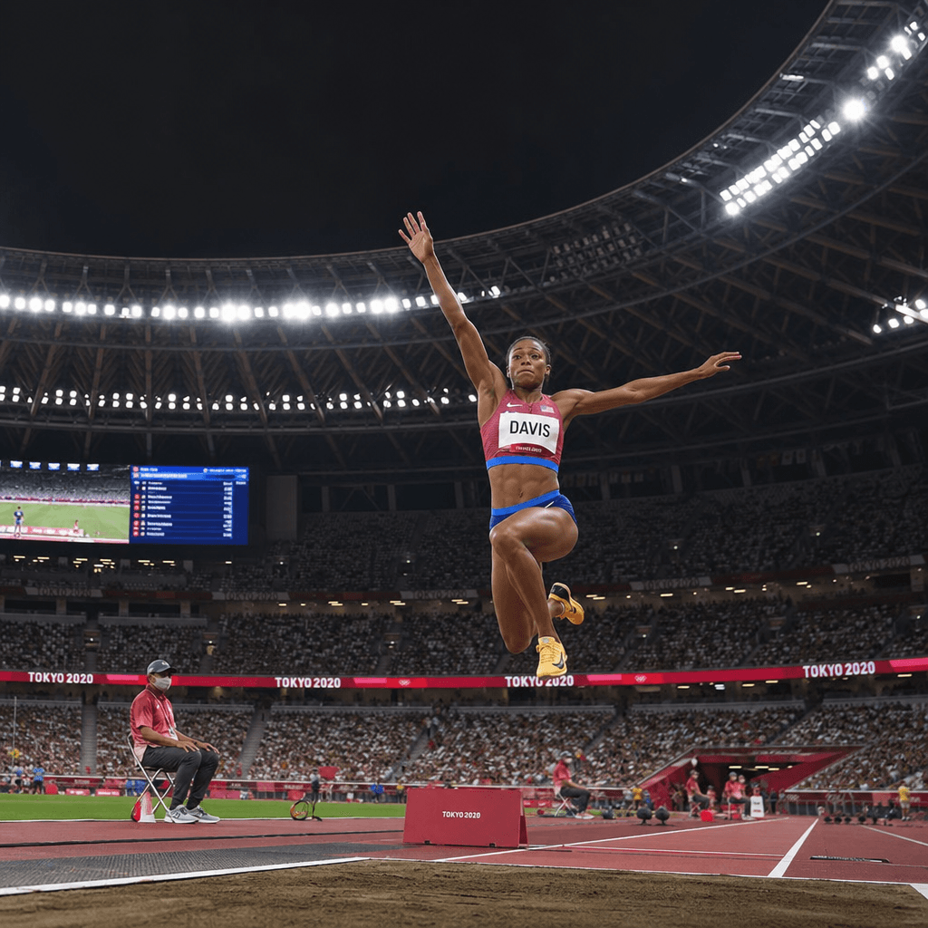 Wide Olympic stadium during evening competition, dramatic floodlights illuminating athletes, crowd visible in stands, br