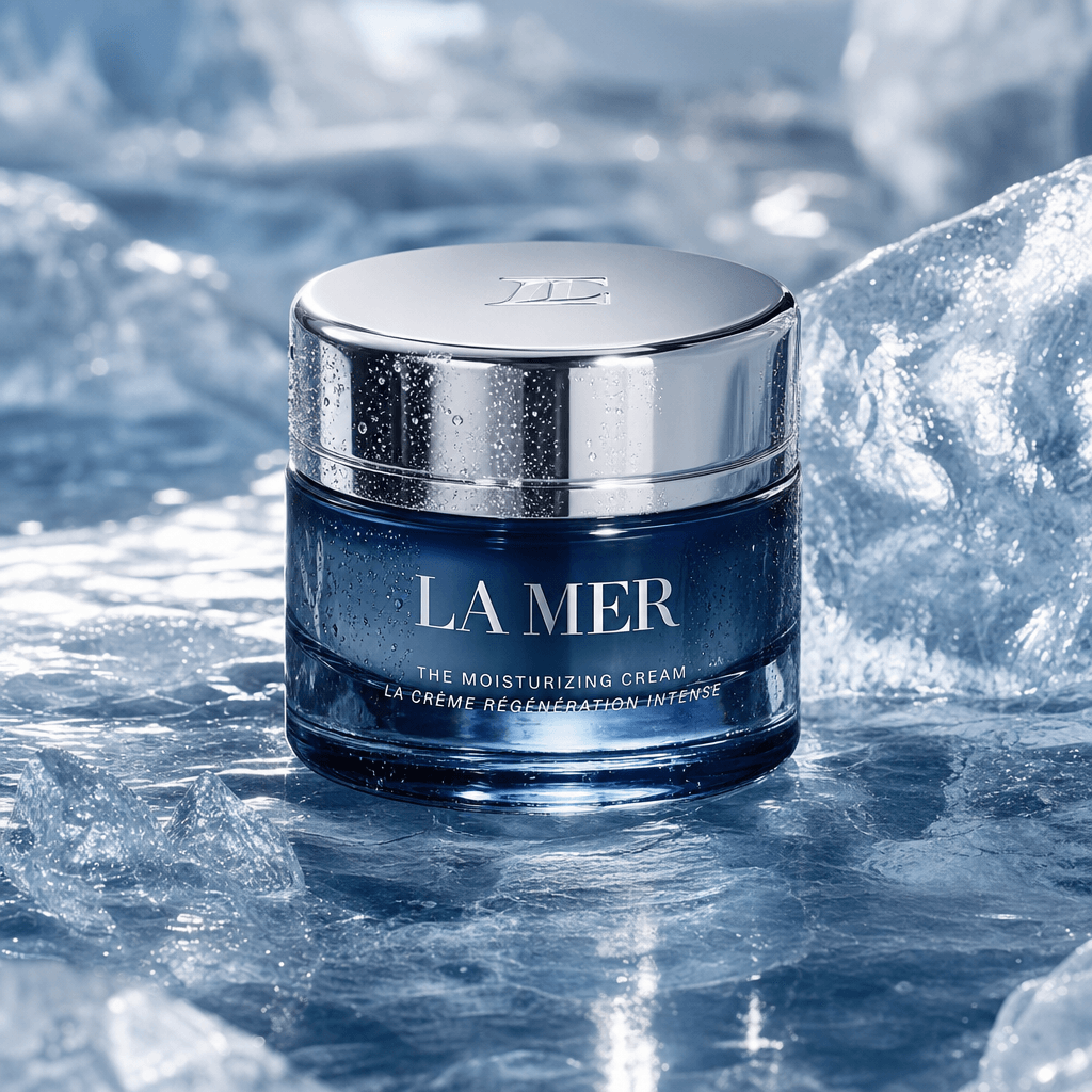 An elegant beauty product displayed on a frozen surface, with a focus on the product's details and textures. The icy bac