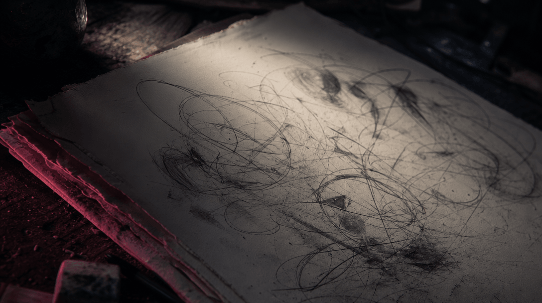 An abstract field of unstable graphite lines and naive loops spreading across textured off-white paper, with deliberate 