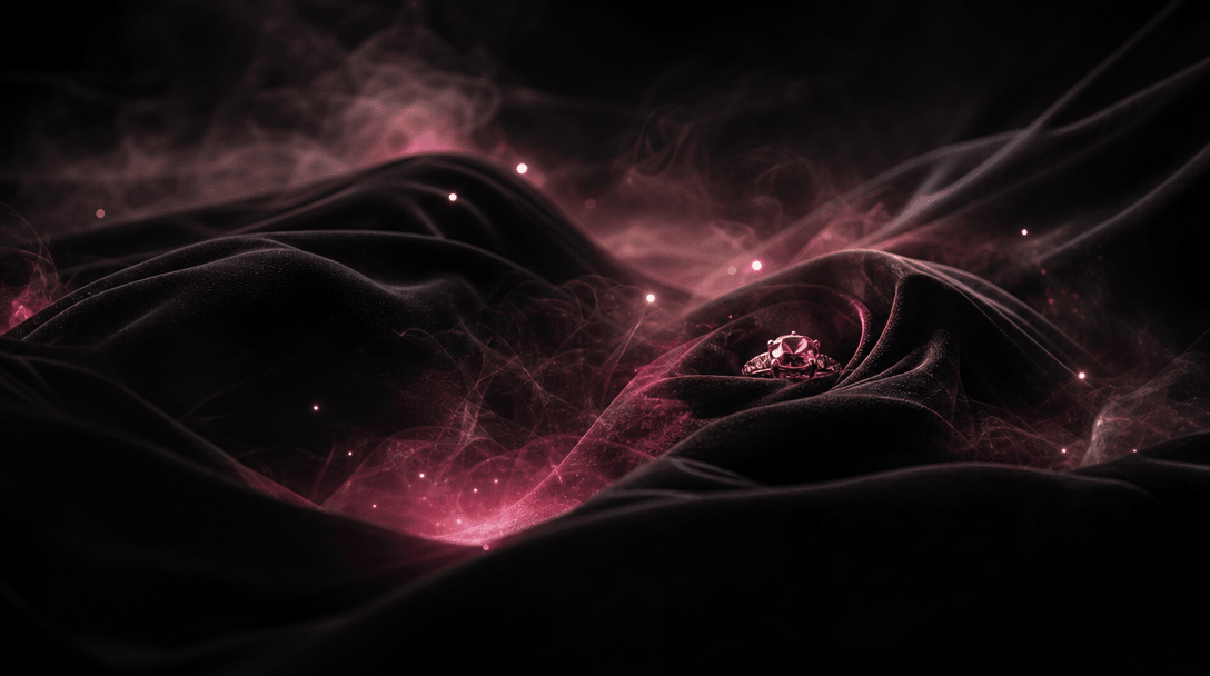 Abstract emotional landscape made from flowing velvet, drifting mist, and warm points of light converging around a small