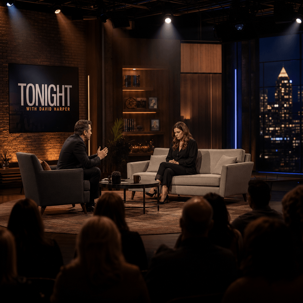 Talk show studio lighting dramatic shadows on set, professional setup with audience silhouettes, emotional atmosphere ca