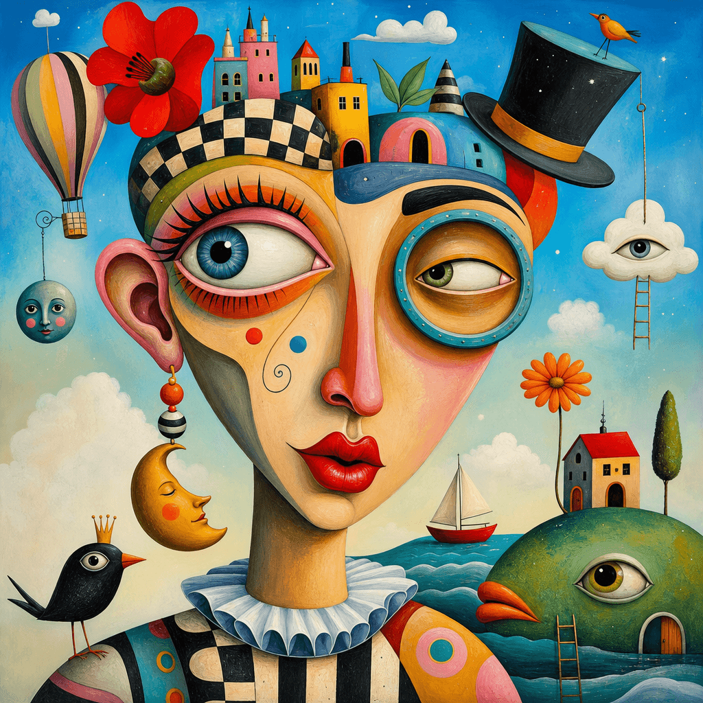 An abstract surreal portrait with exaggerated features and whimsical elements, showcasing the creative potential of the 