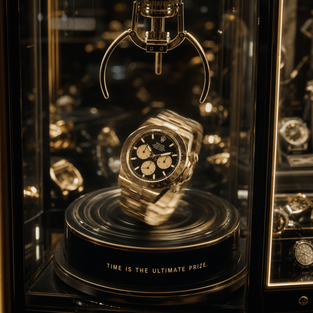 A luxury watch spinning inside a claw machine glass display, soft golden lighting, premium product photography style, ro