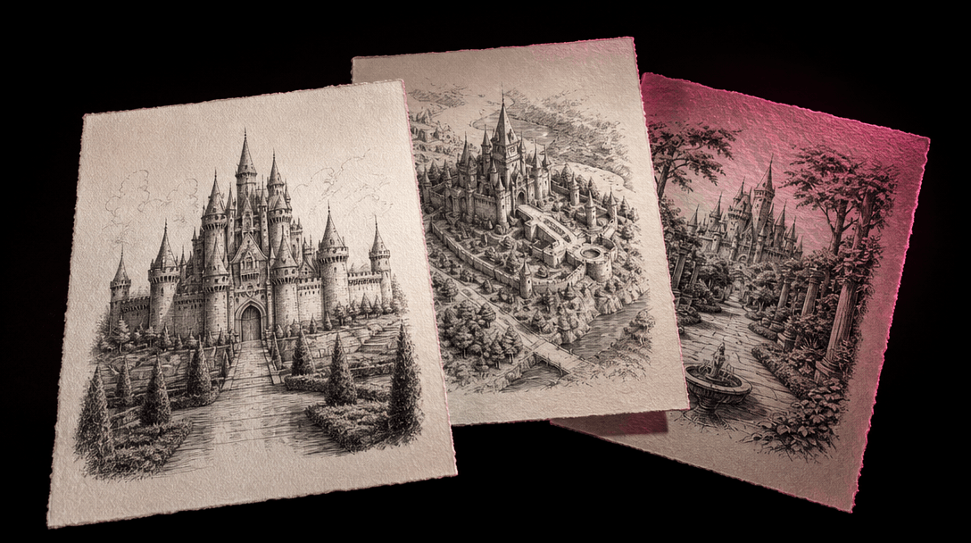Three overlapping sheets of premium paper, each carrying a different black ink interpretation of the same magical castle