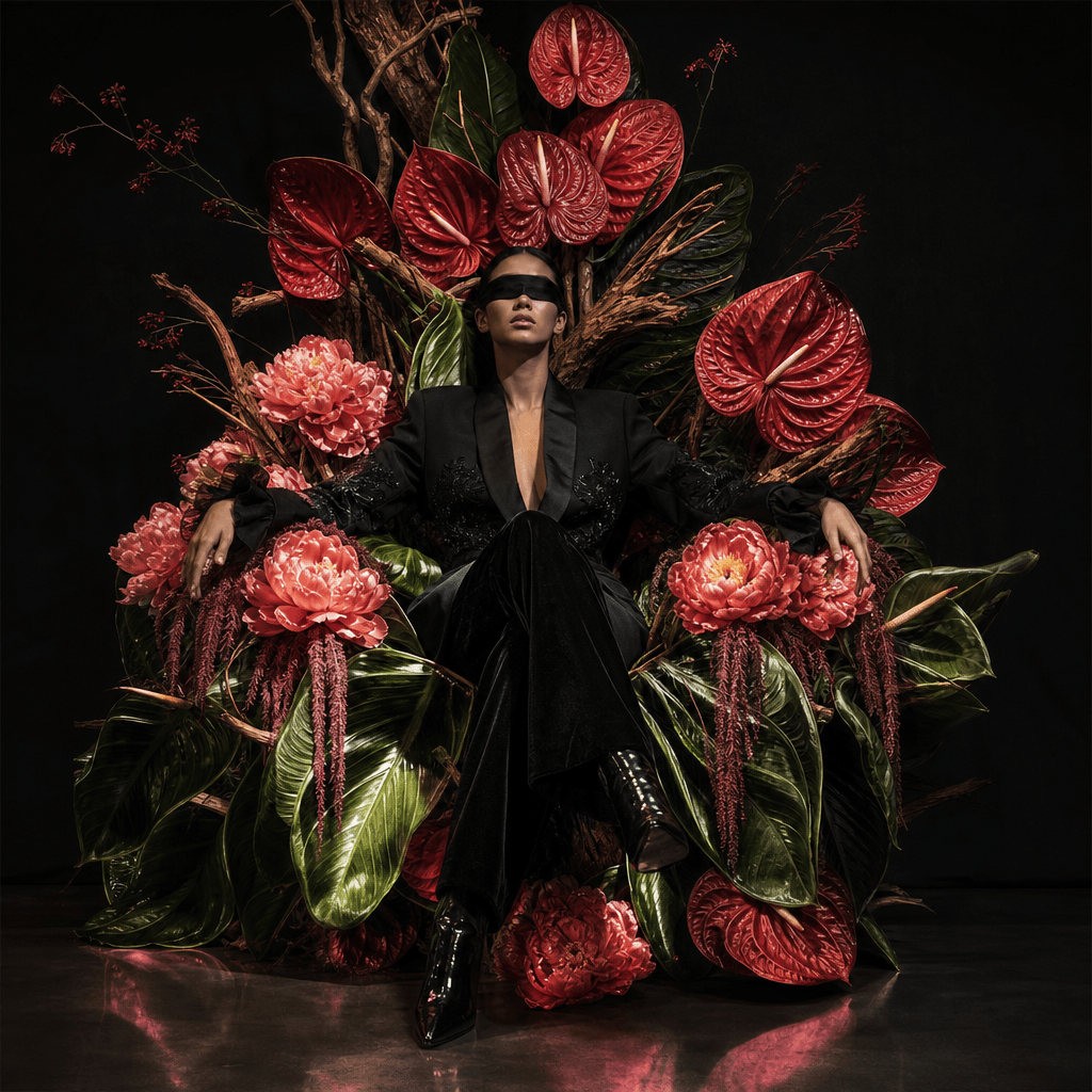 A bold contemporary floral throne built from oversized tropical anthuriums, glossy leaves, coral peonies, and sculptural