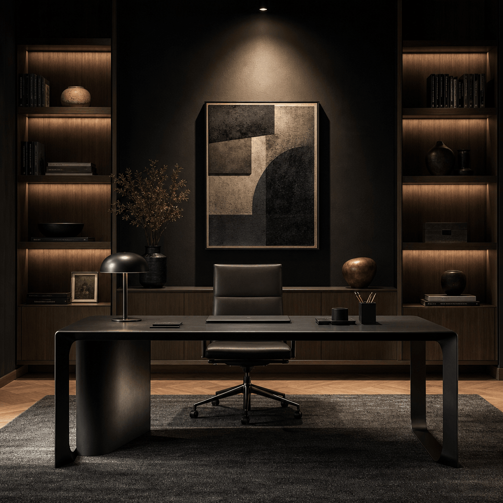 Contemporary home office with dark charcoal walls, integrated wood shelving, and a statement desk in brushed black metal