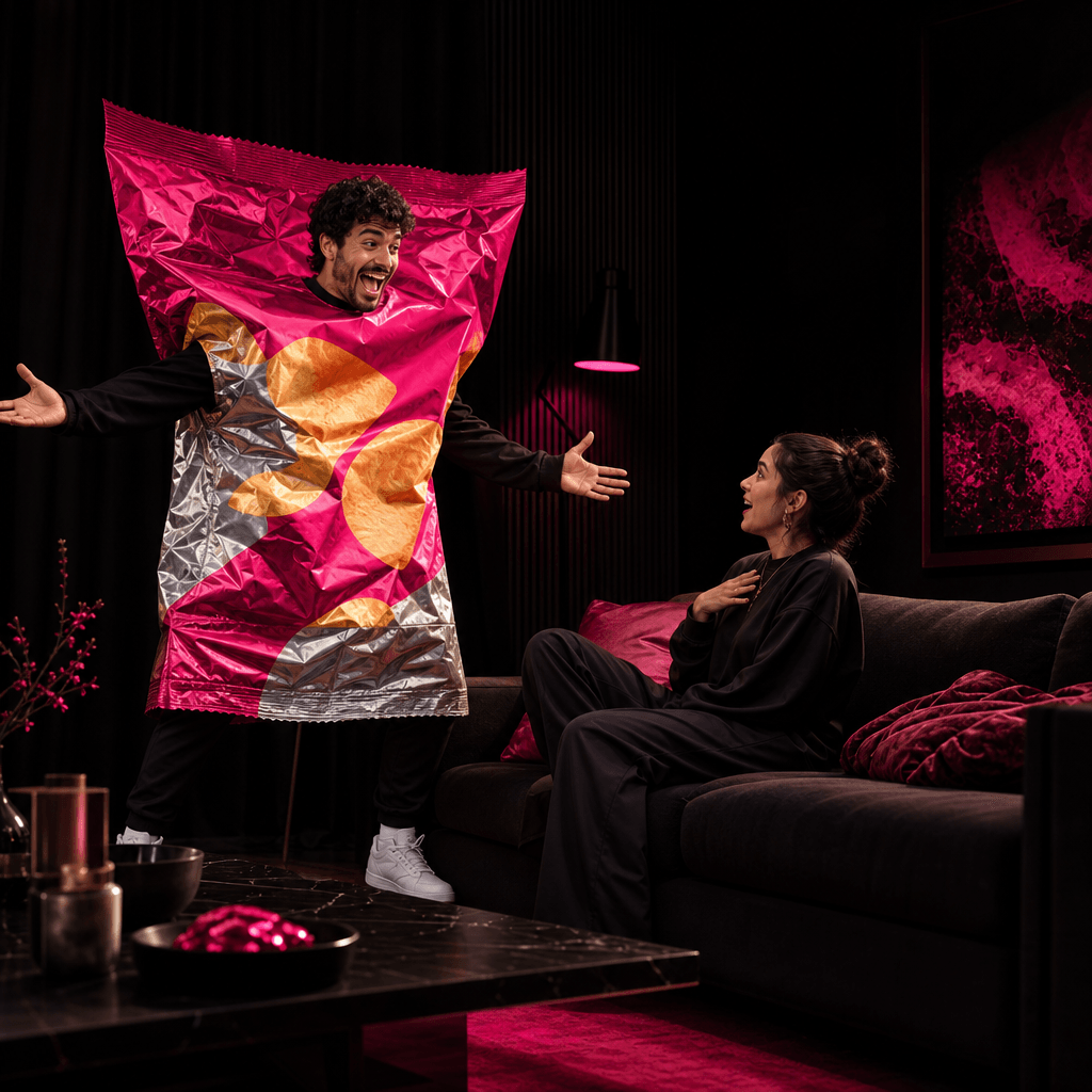 An energetic ecommerce campaign scene where an abstract adult man appears dressed as a giant colorful snack package, an 
