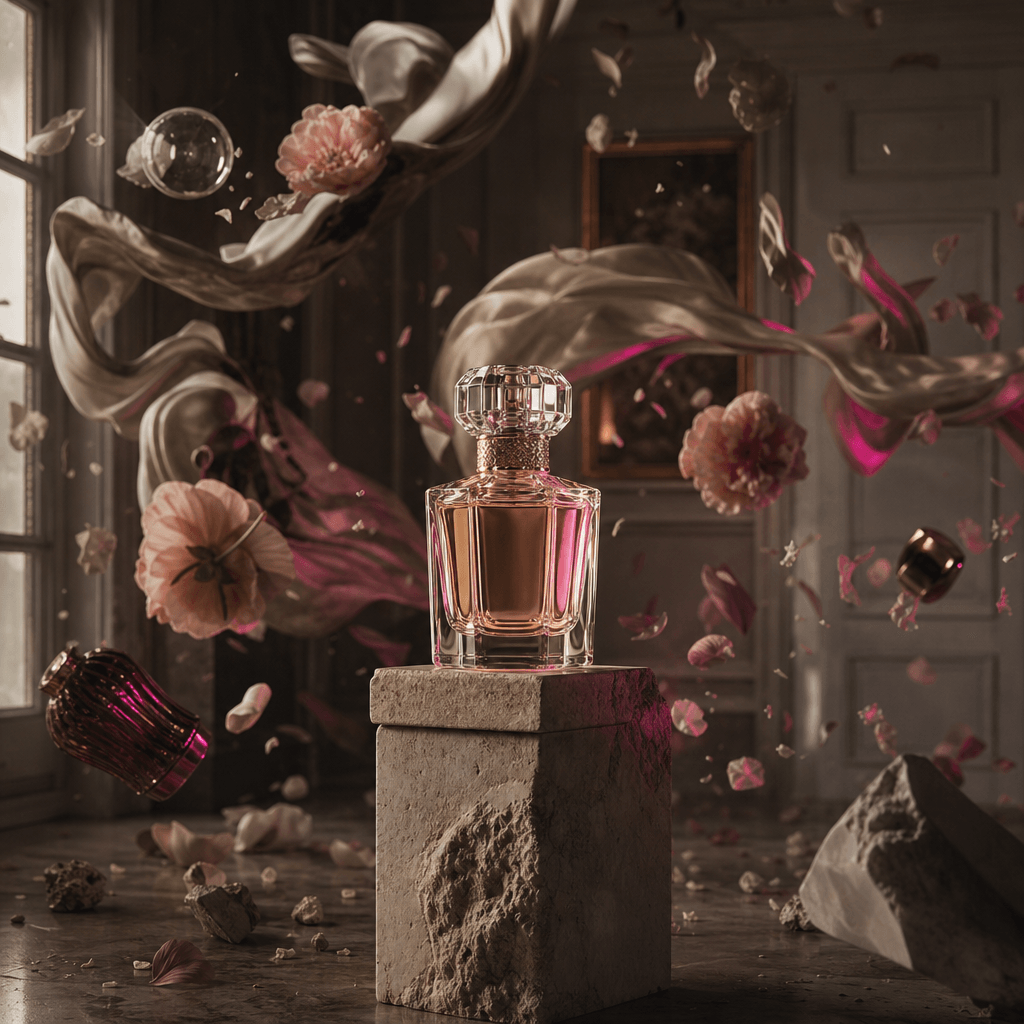 A luxury perfume bottle centered on a stone pedestal inside an elegant apartment while flowers, fabric, and small decor 