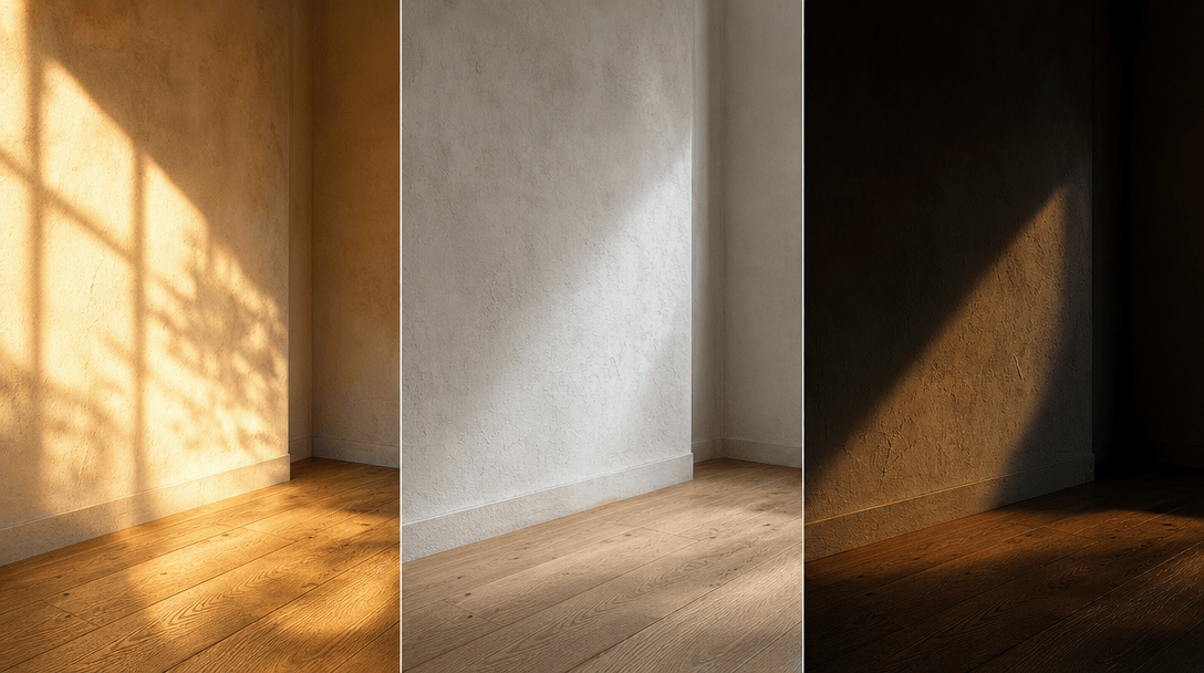 Abstract visualization of three lighting conditions in an interior corner — the same plastered wall and oak floor shown 