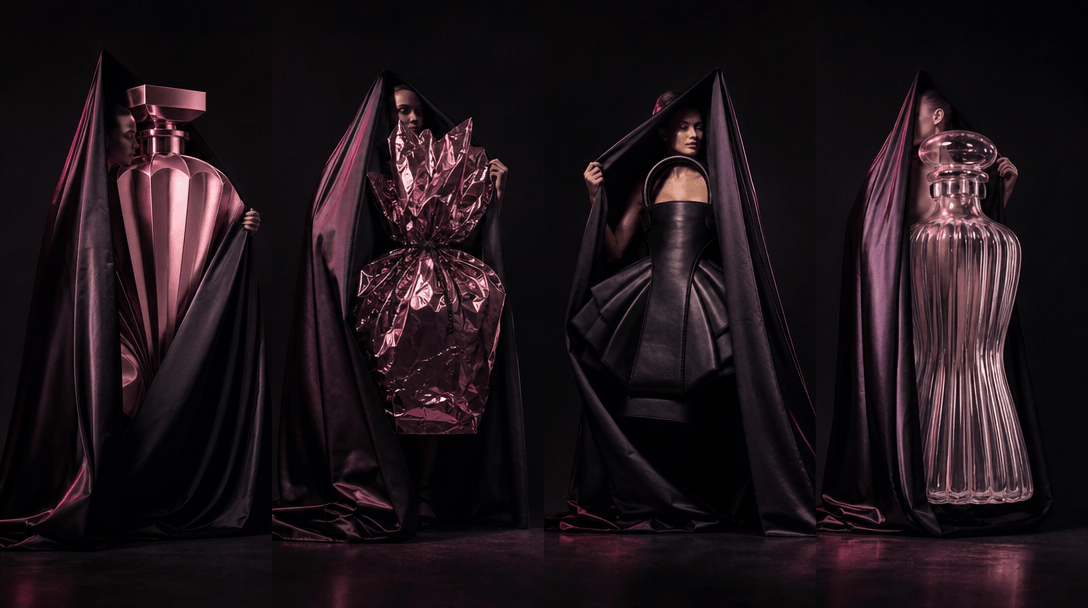 Four different product-inspired sculptural costumes arranged across a dark fashion studio, each sharing the same dramati
