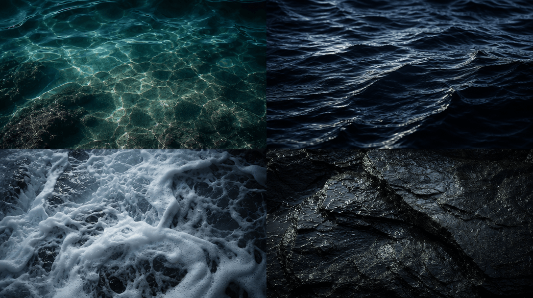 Four distinct aquatic material studies arranged as one refined editorial composition: sunlit turquoise water, deep midni