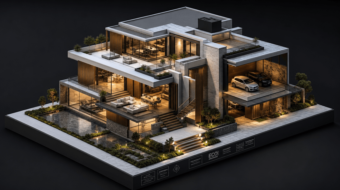 Detailed architectural model in isometric perspective with dramatic directional lighting emphasizing dimensional form. R