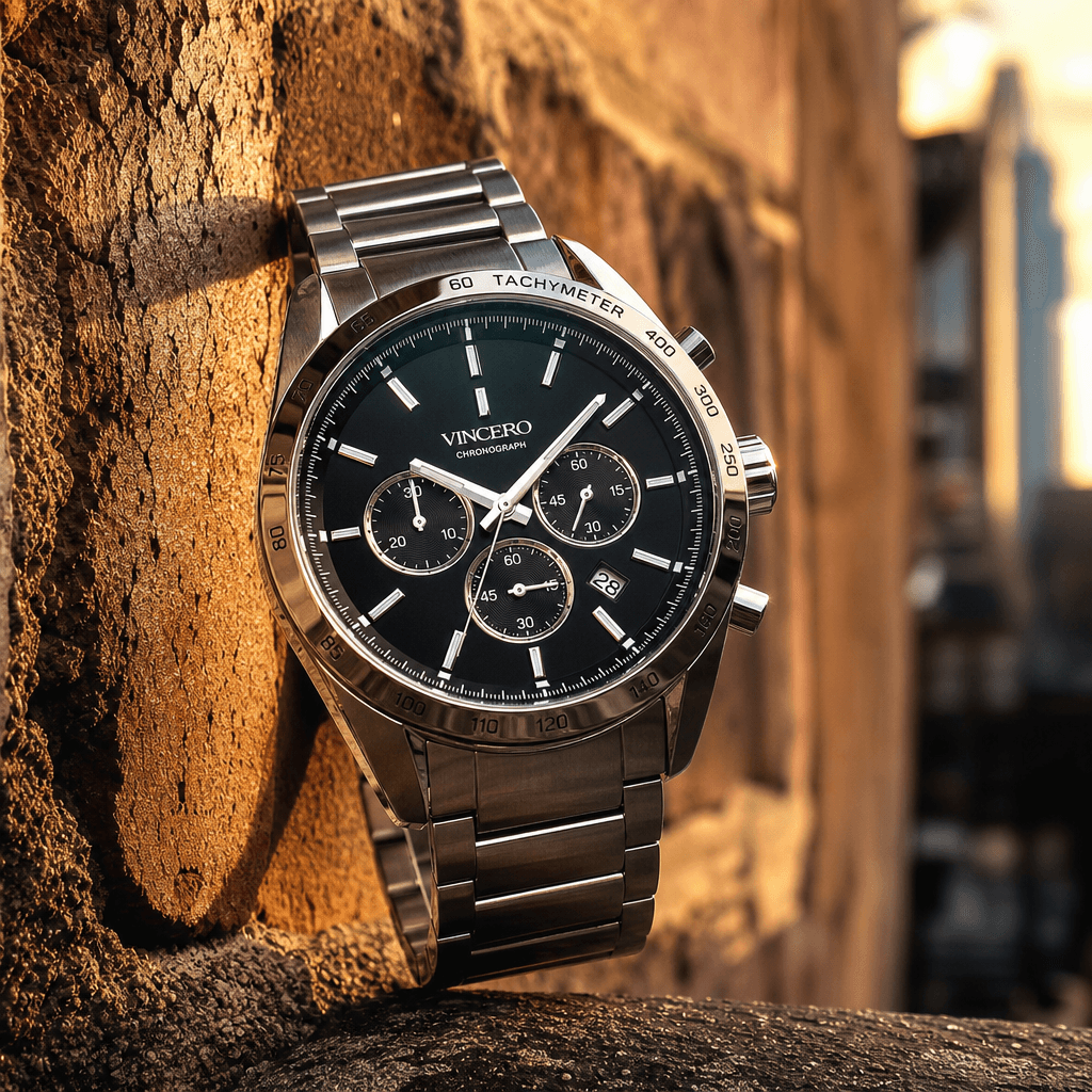 Premium luxury watch photographed against weathered brick urban wall at golden hour. Soft warm sidelighting creates dime