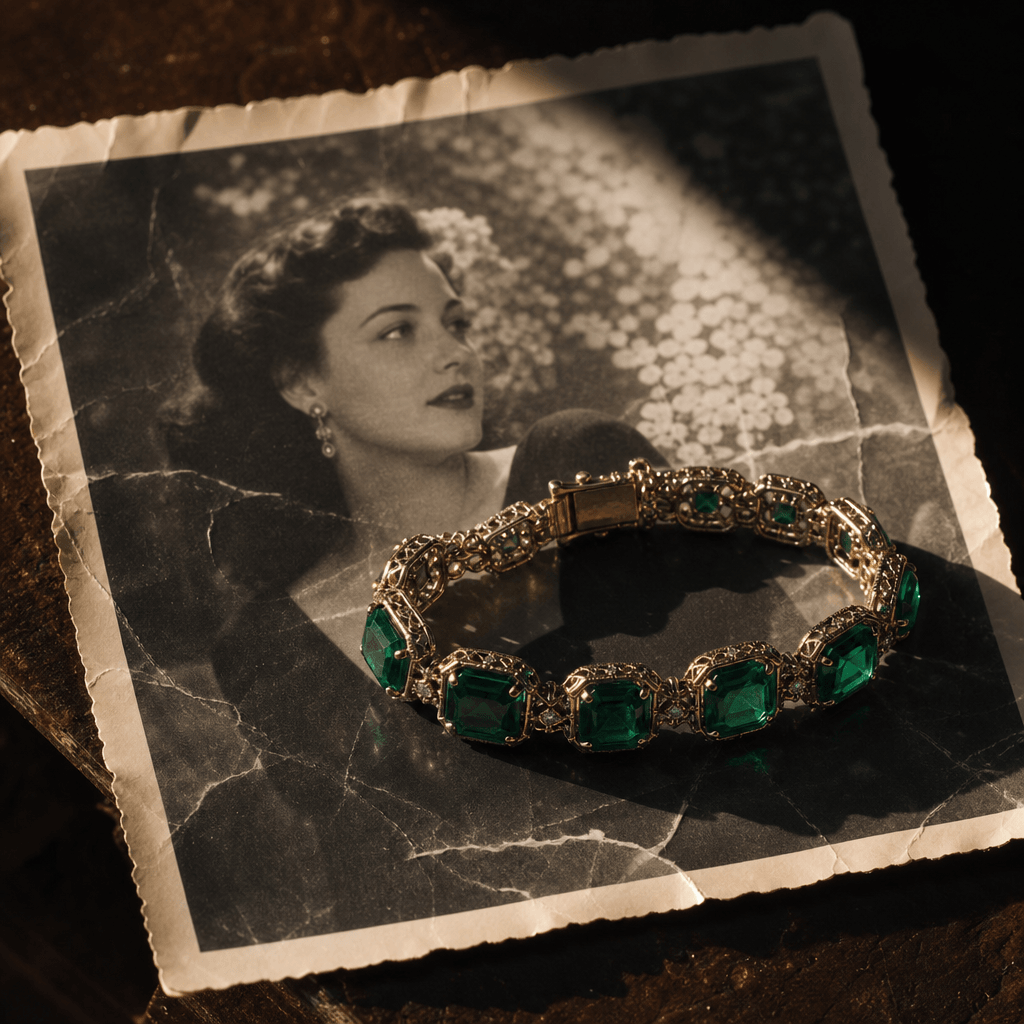 An ornate gemstone bracelet with deep green emerald-cut stones resting on a crumpled vintage black-and-white photographi